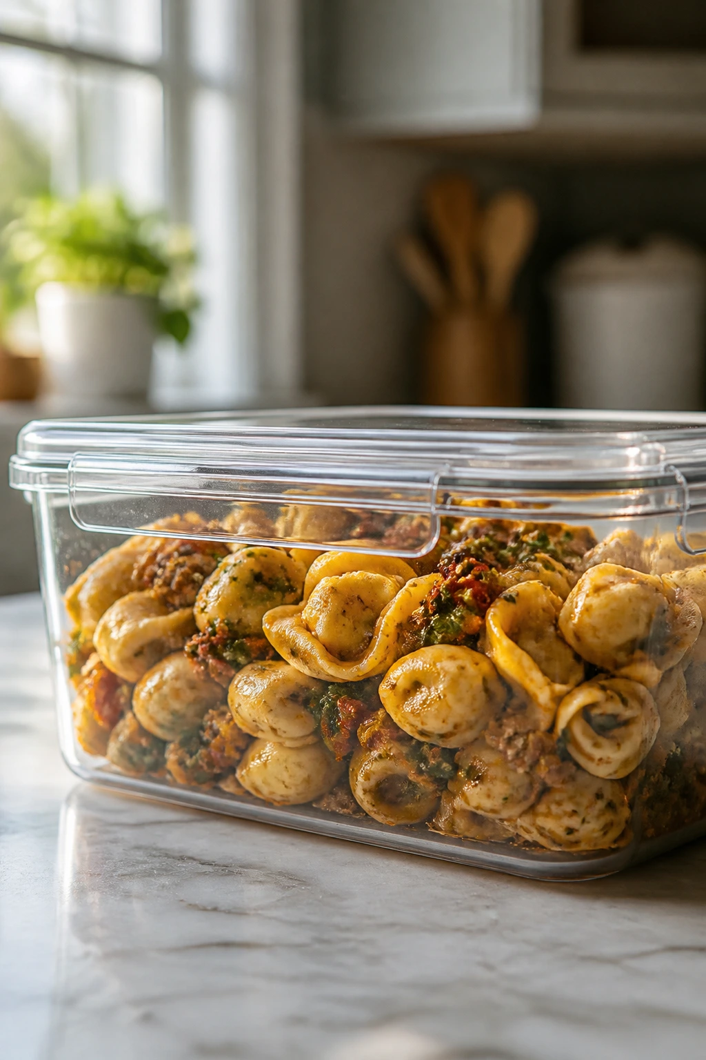 A clear airtight container of tortellini leftovers on a kitchen counter