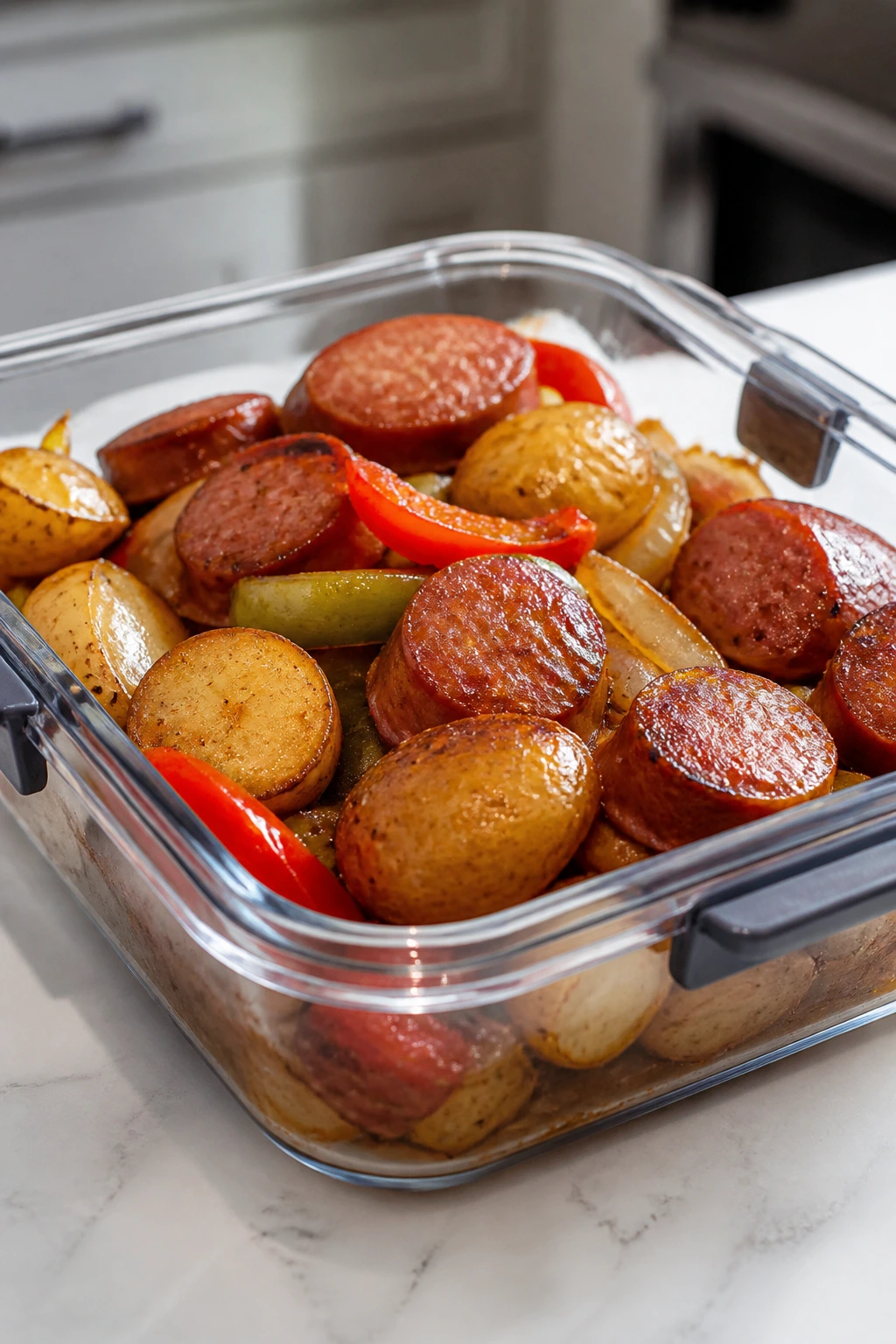 Close-up of clear container with sausage potatoes onions peppers leftovers