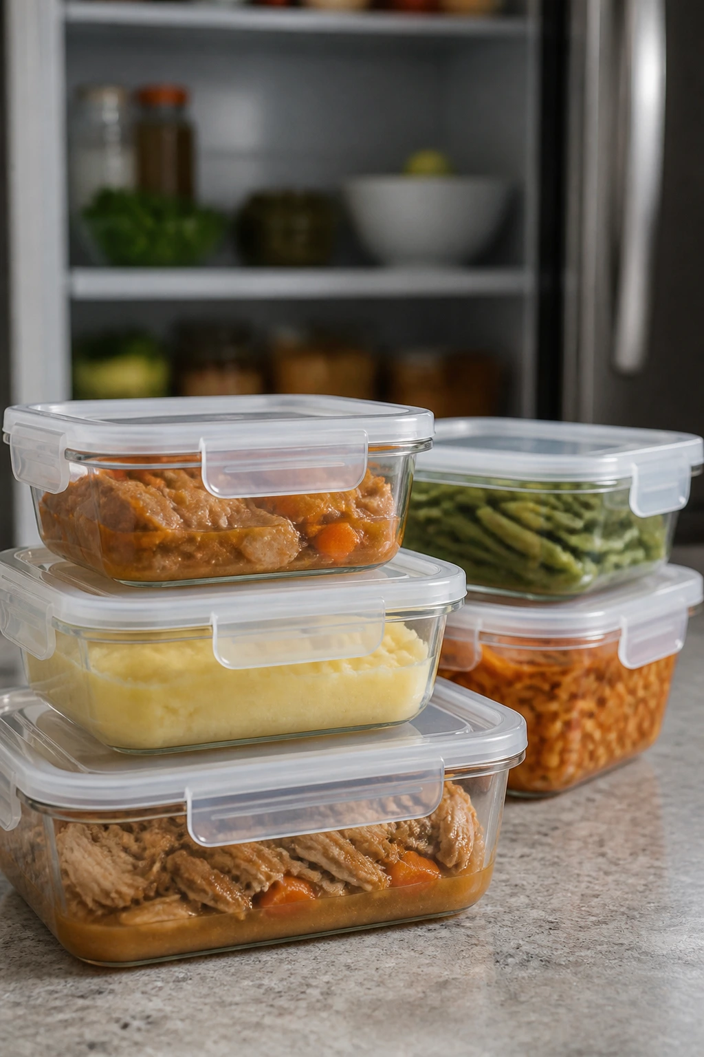 Leftovers stored in shallow airtight containers on kitchen counter