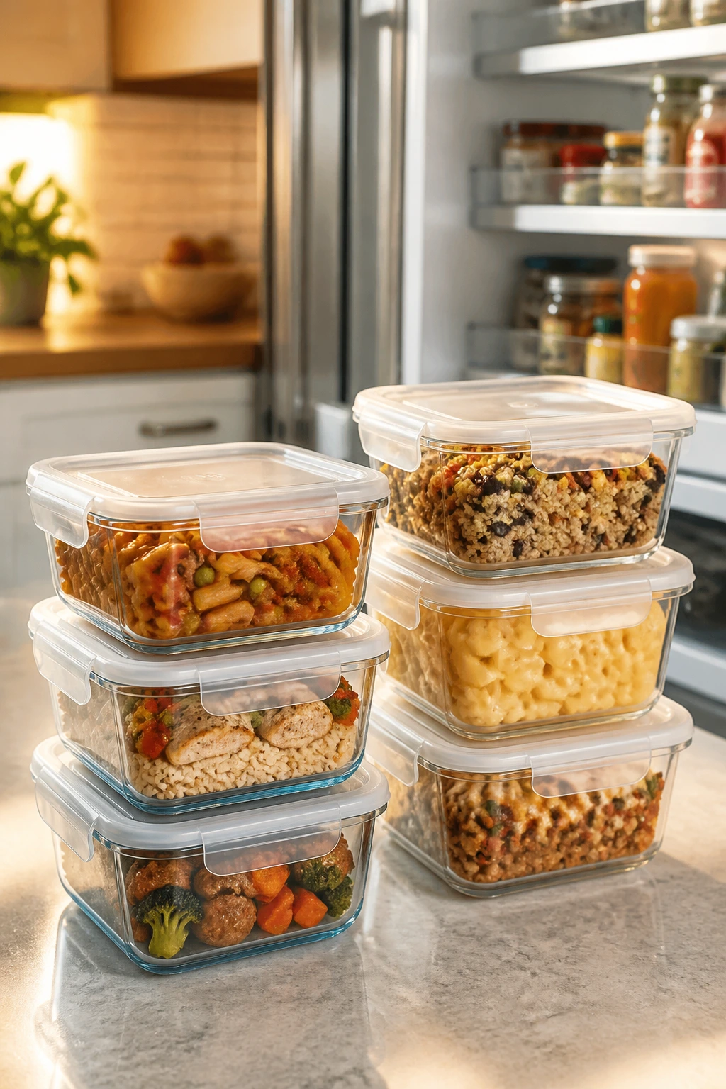 Close-up of glass storage containers with toddler meals on a kitchen counter