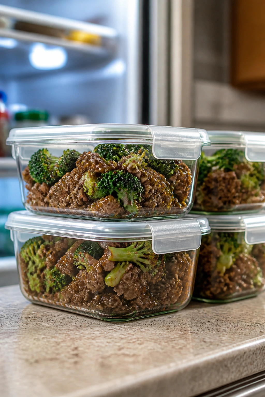 Airtight glass containers with beef and broccoli leftovers on a kitchen counter