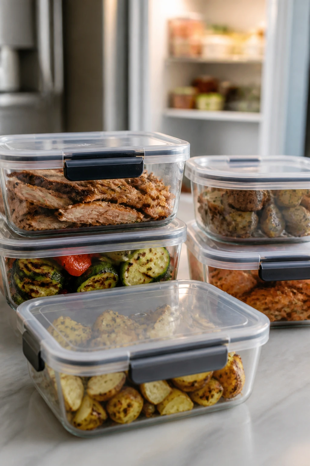 Airtight containers on a kitchen counter filled with leftovers for storage.