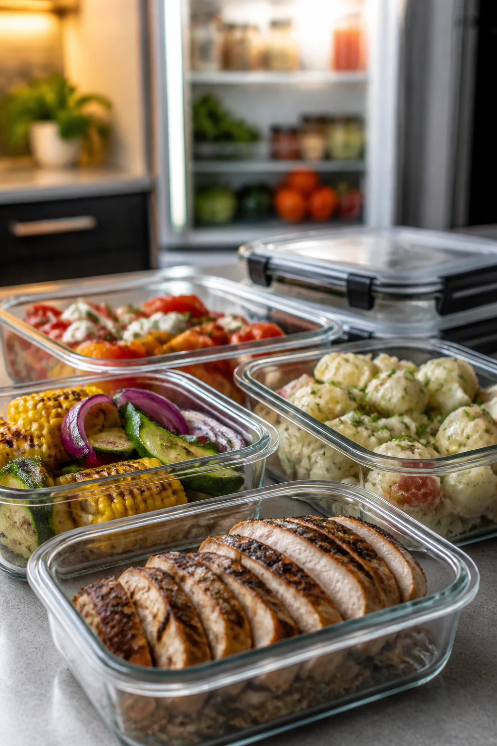 Glass containers with grilled leftovers on kitchen counter