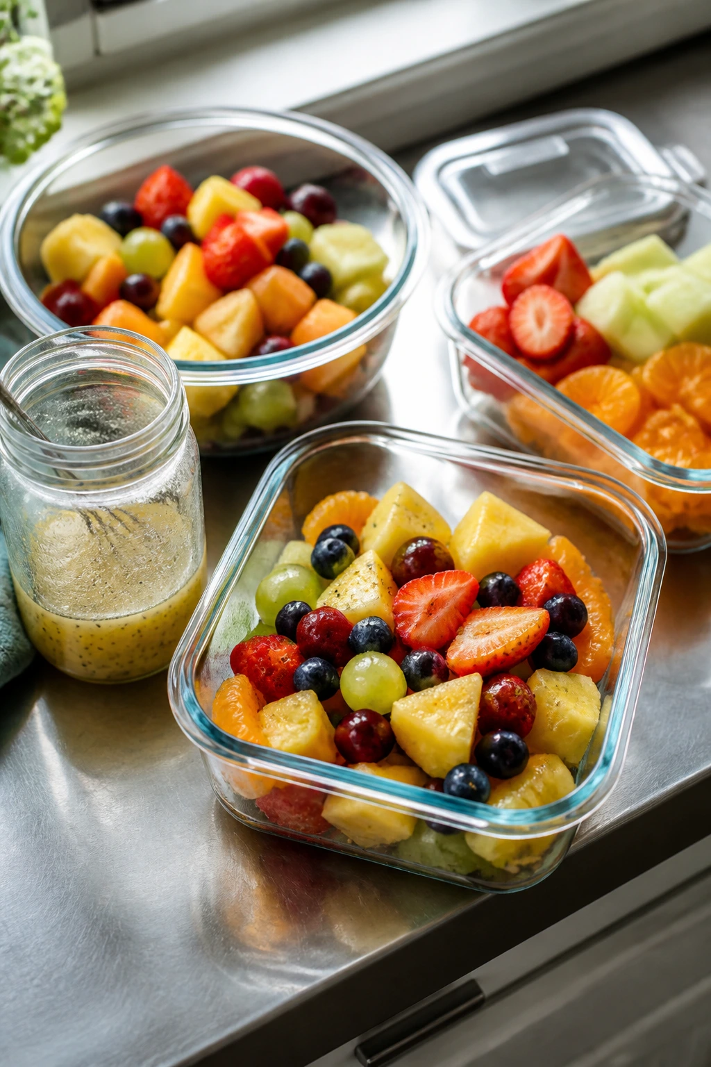 Top-down view of glass containers with cut fruit and dressing on a kitchen counter