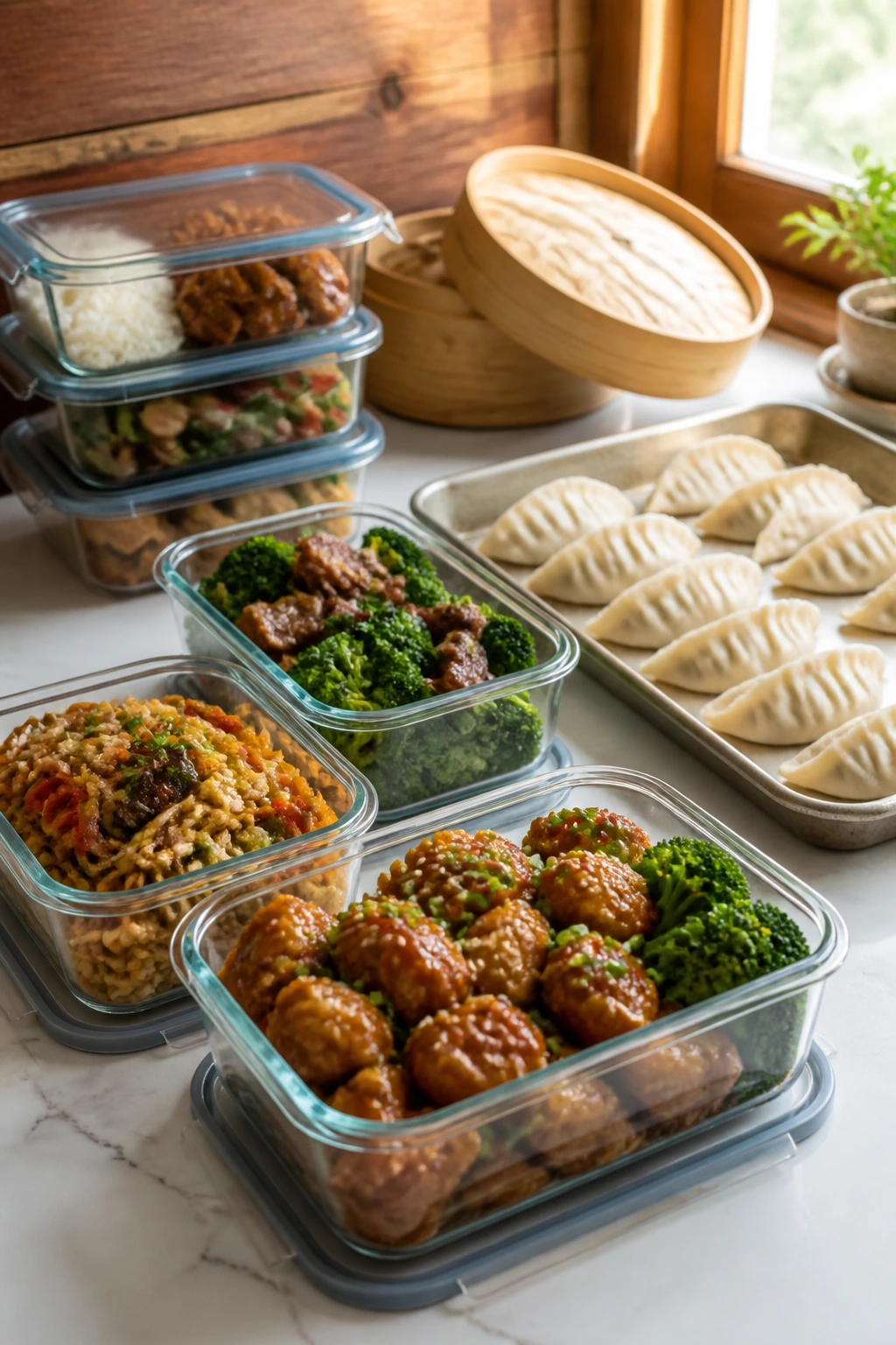 Close-up of glass storage containers with leftovers and dumplings on a kitchen counter, illustrating make-ahead storage and reheating.