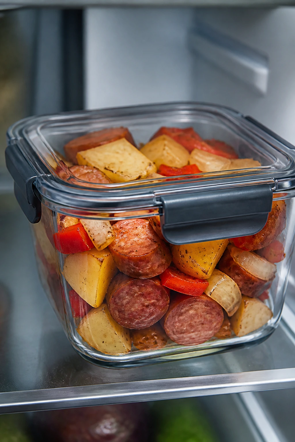 Close-up of a glass storage container with leftovers in a kitchen