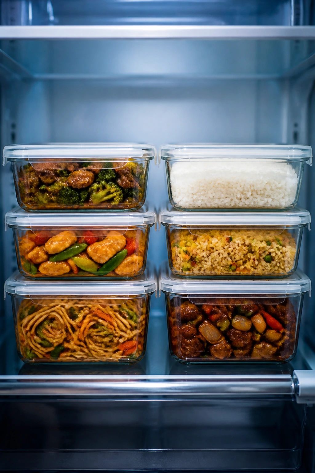 Stacked storage containers with leftovers in fridge