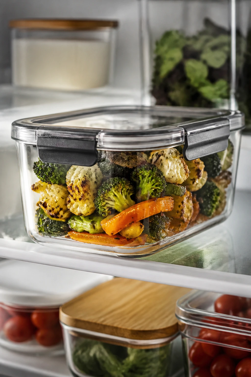 Airtight container of air-fried vegetables ready for storage in the fridge.