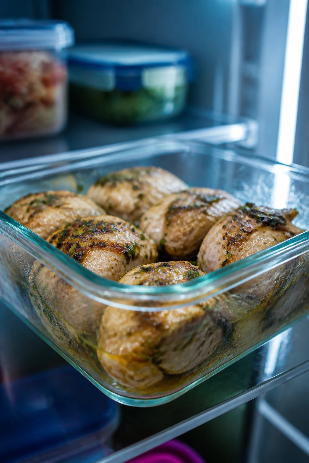 Glass storage container with marinated leftovers in fridge