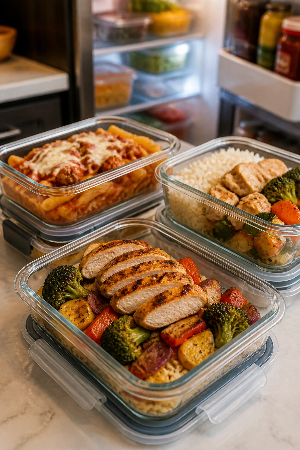 Close-up of airtight containers with colorful leftovers on a kitchen counter, illustrating make ahead storage