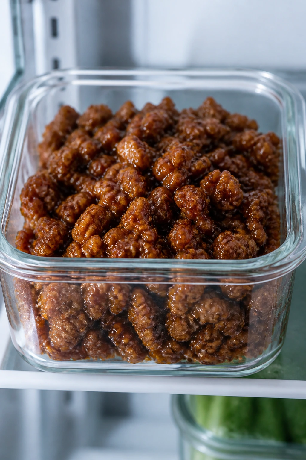 Airtight container of glazed pork for make-ahead storage