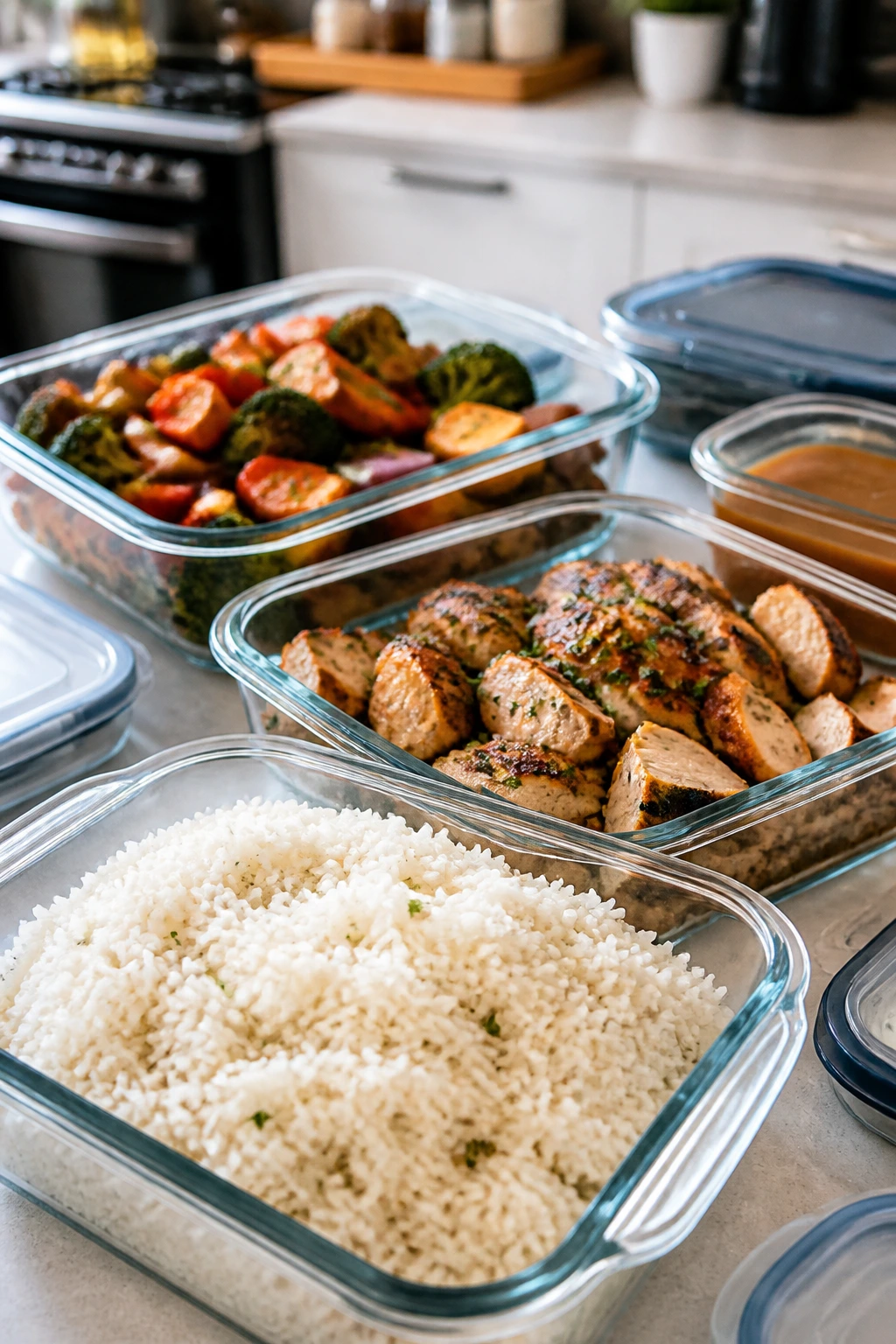 Glass storage containers with cooked rice, chicken, and vegetables for make-ahead meals
