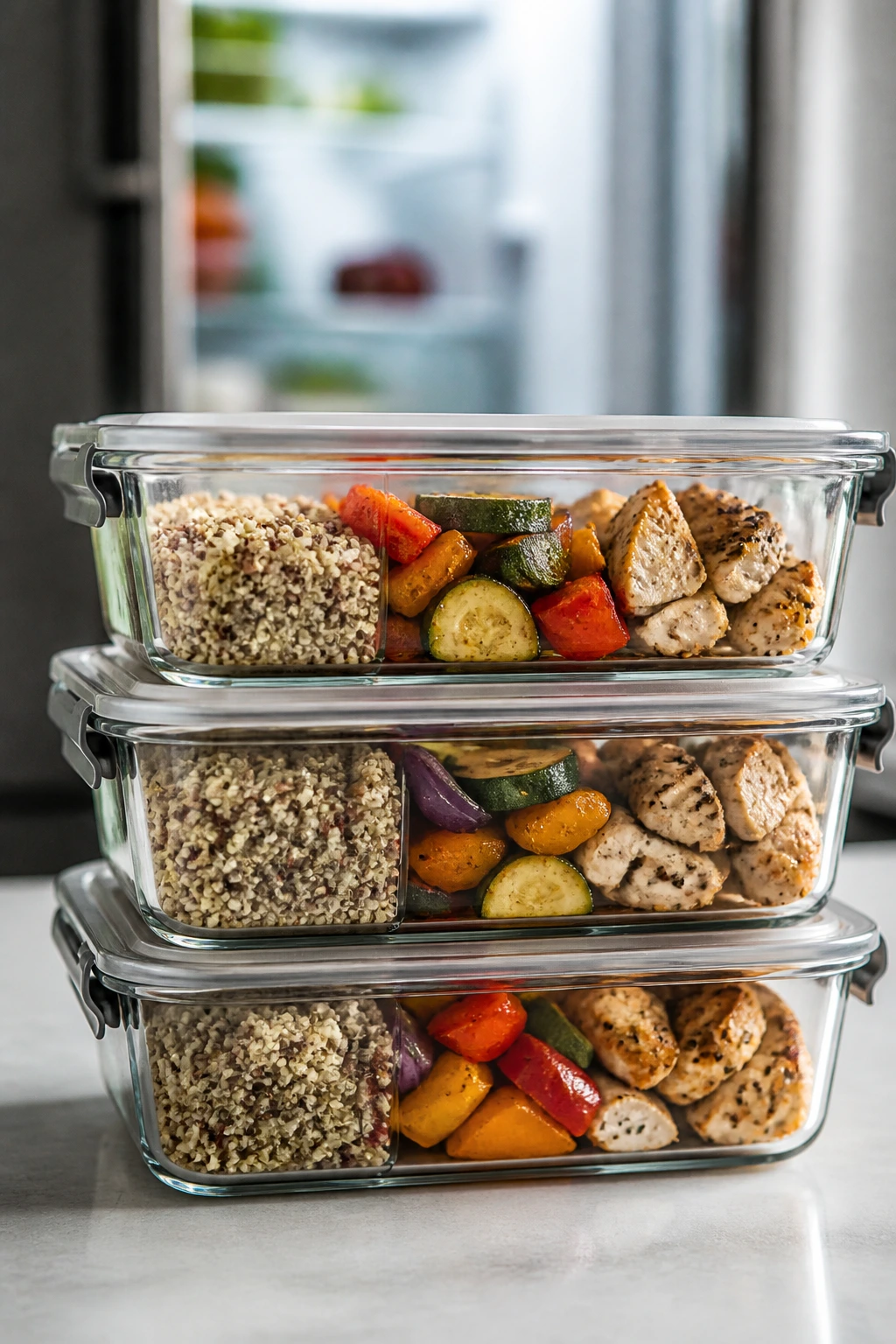 Close-up of glass meal-prep containers with quinoa, vegetables, and chicken on a kitchen counter