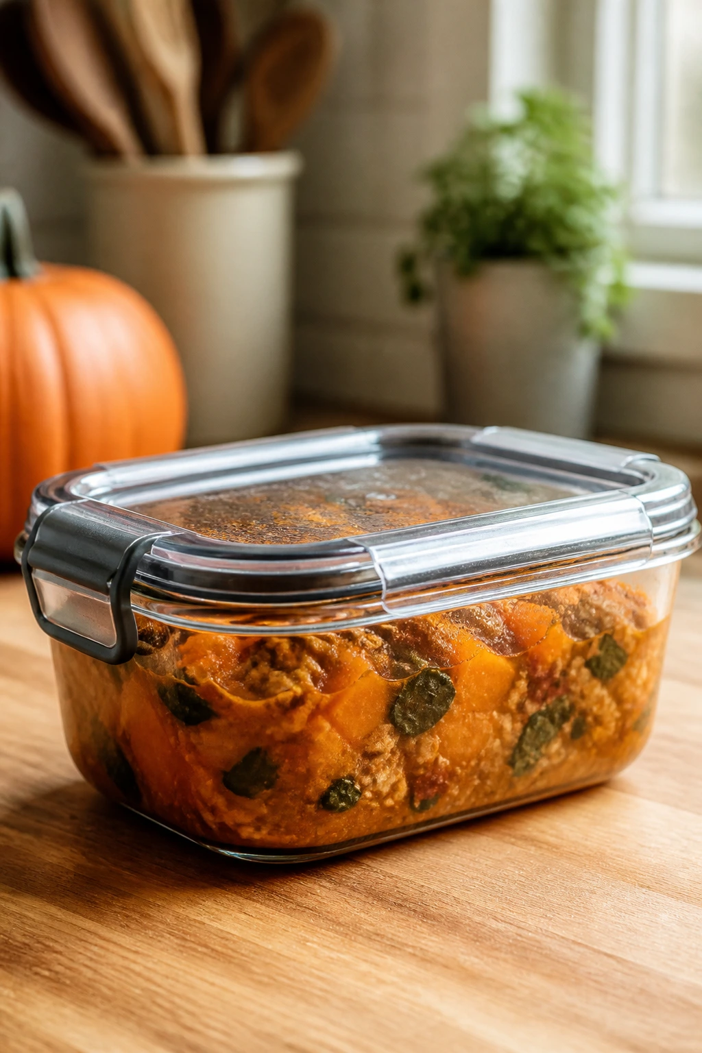 Airtight storage container with leftovers in a kitchen setting