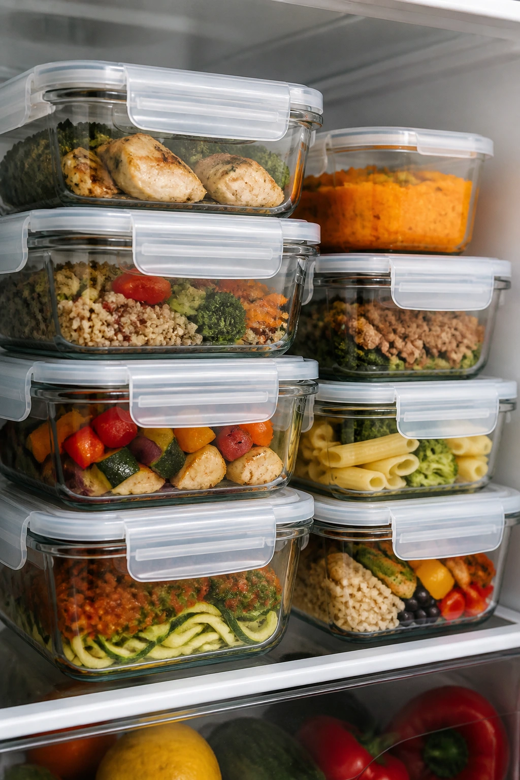 Glass storage containers with leftovers on a kitchen shelf