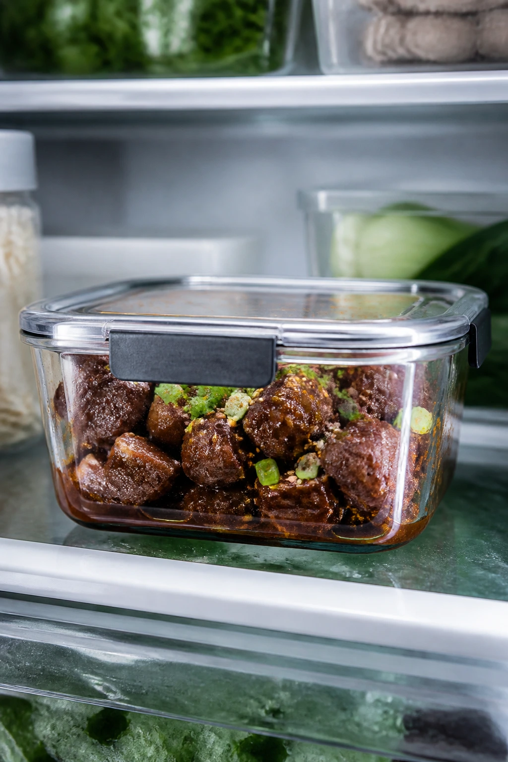 Glass storage container with braised meat in the fridge
