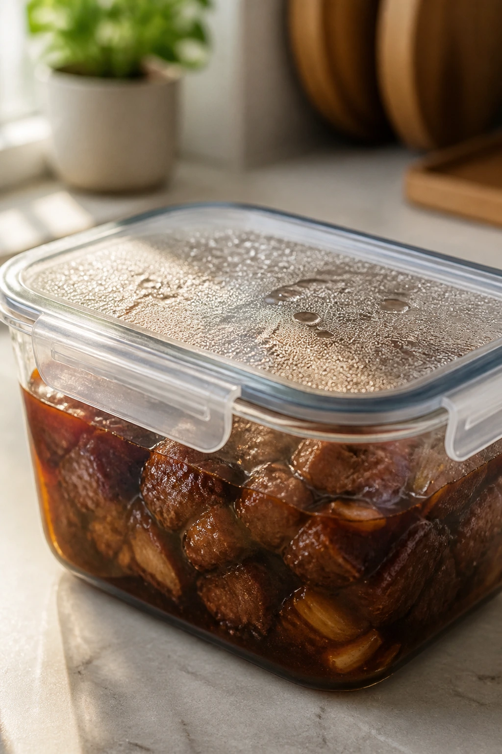 Glass storage container with saucy braised meat for make-ahead