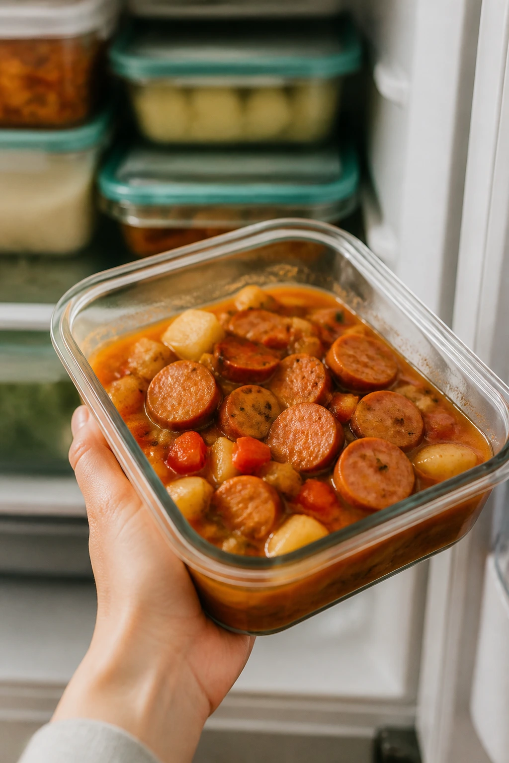 Hand placing a glass container of sausage stew into fridge