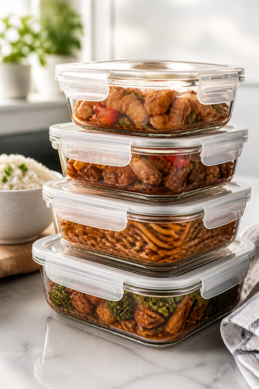 Glass storage containers with saucy leftovers in a bright kitchen