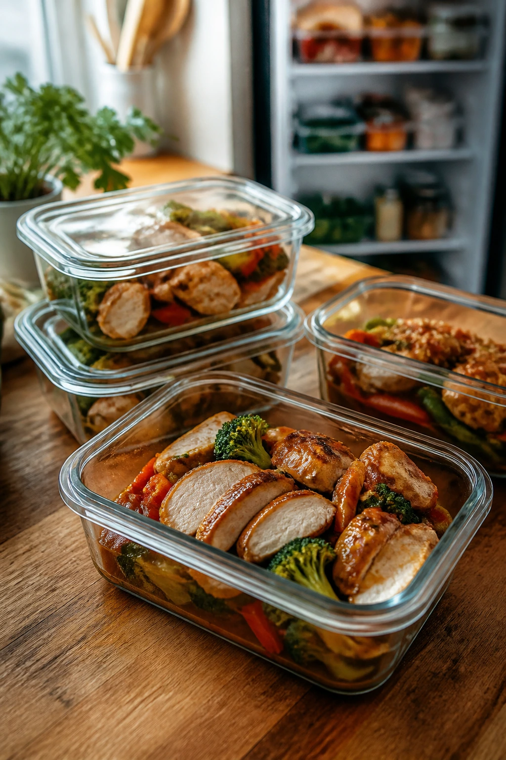Close-up of glass meal-prep containers with chicken and vegetables on a kitchen counter