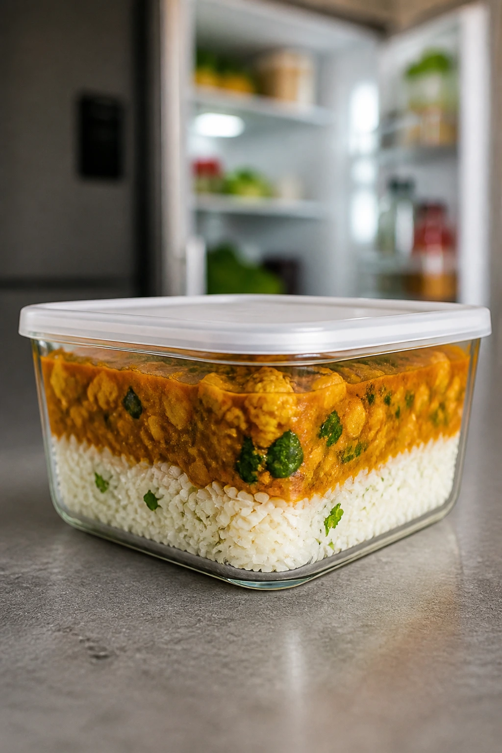 Glass storage container with layered vegetarian curry and rice on counter