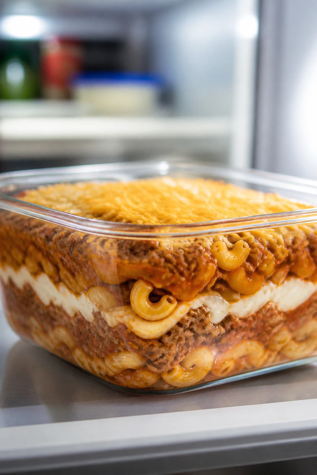 Glass storage container with layered chili mac for make-ahead meals