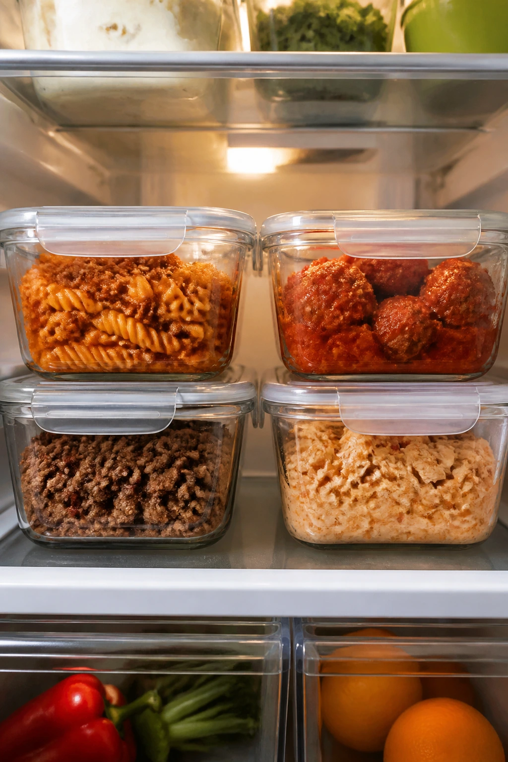 Fridge interior with airtight containers holding various leftovers