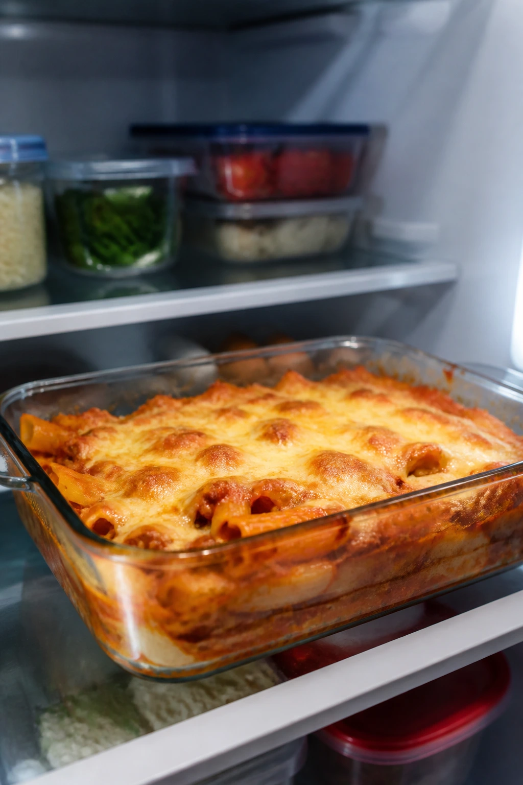 Glass casserole dish with leftovers in fridge