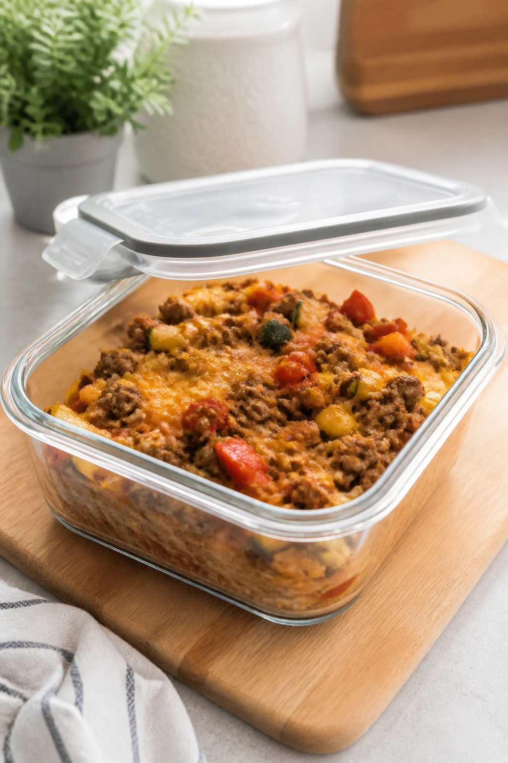 Glass storage container with leftovers in a kitchen