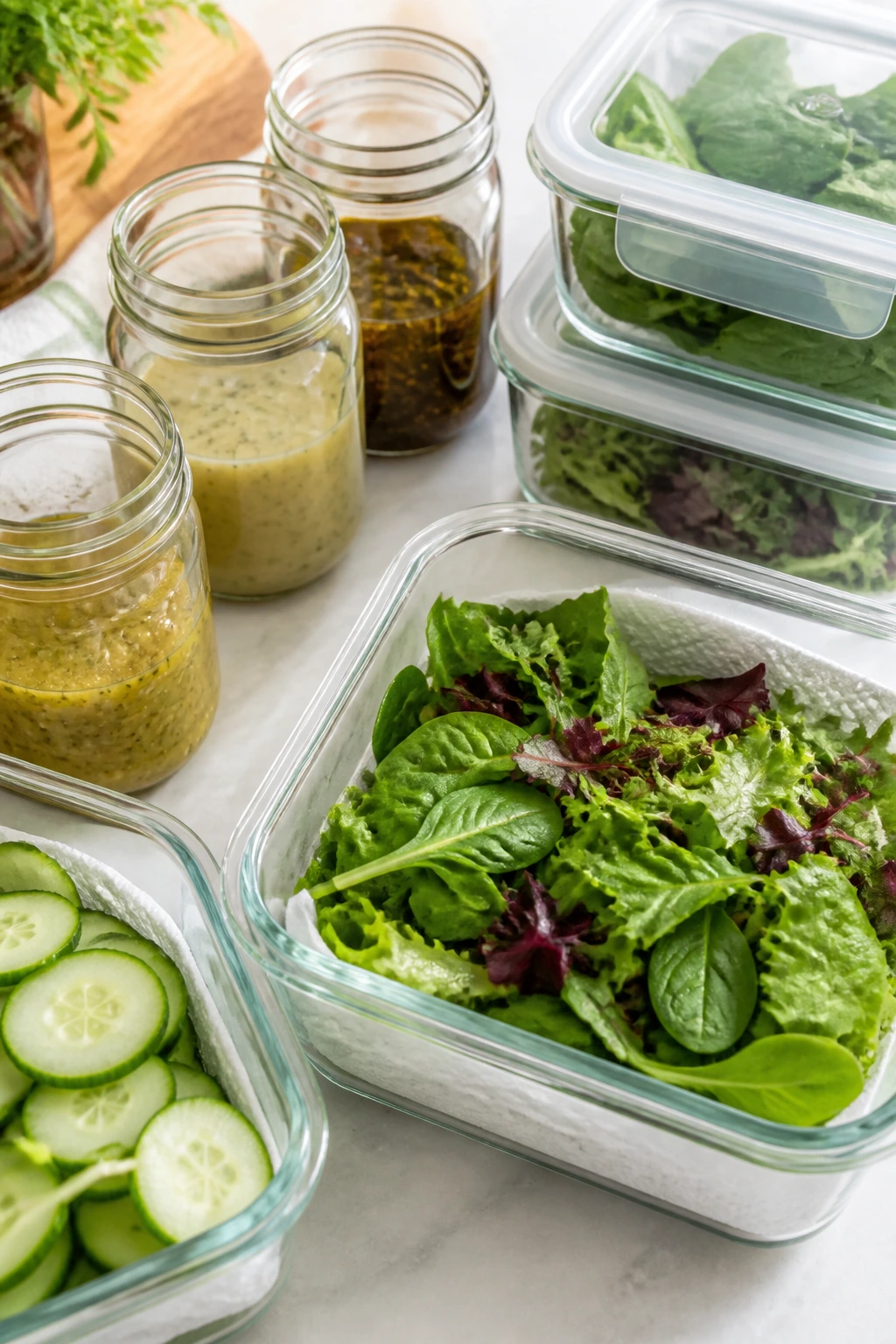 Jars and containers showing make-ahead salad storage on a kitchen counter