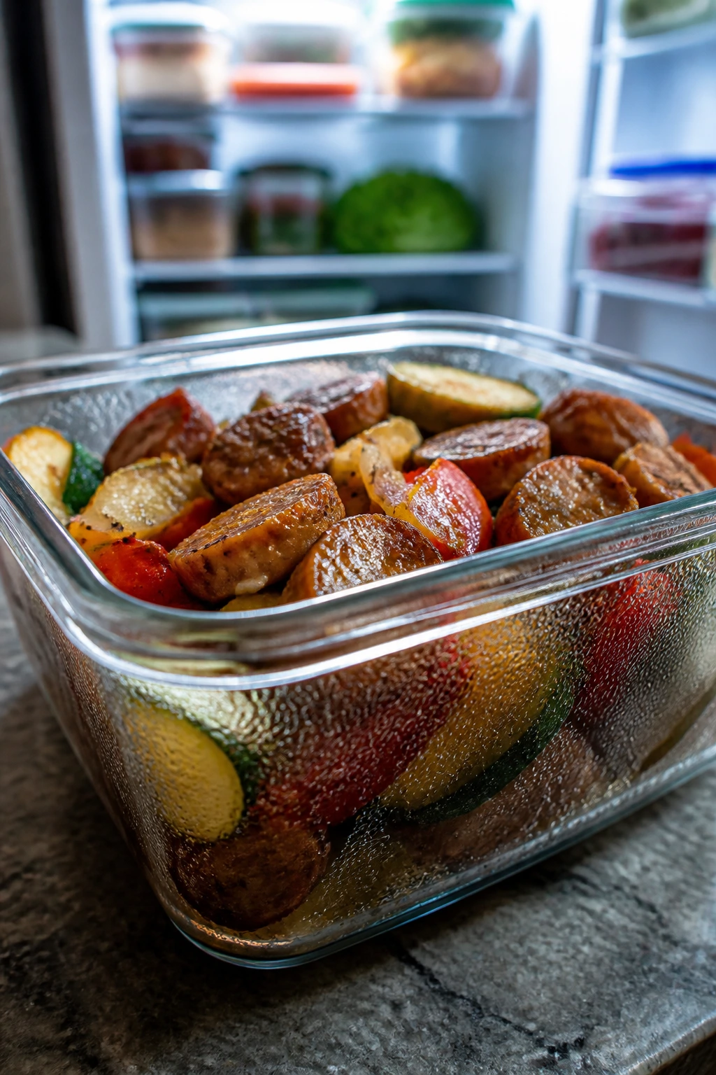 Glass storage container with sausage and vegetables on a kitchen counter.
