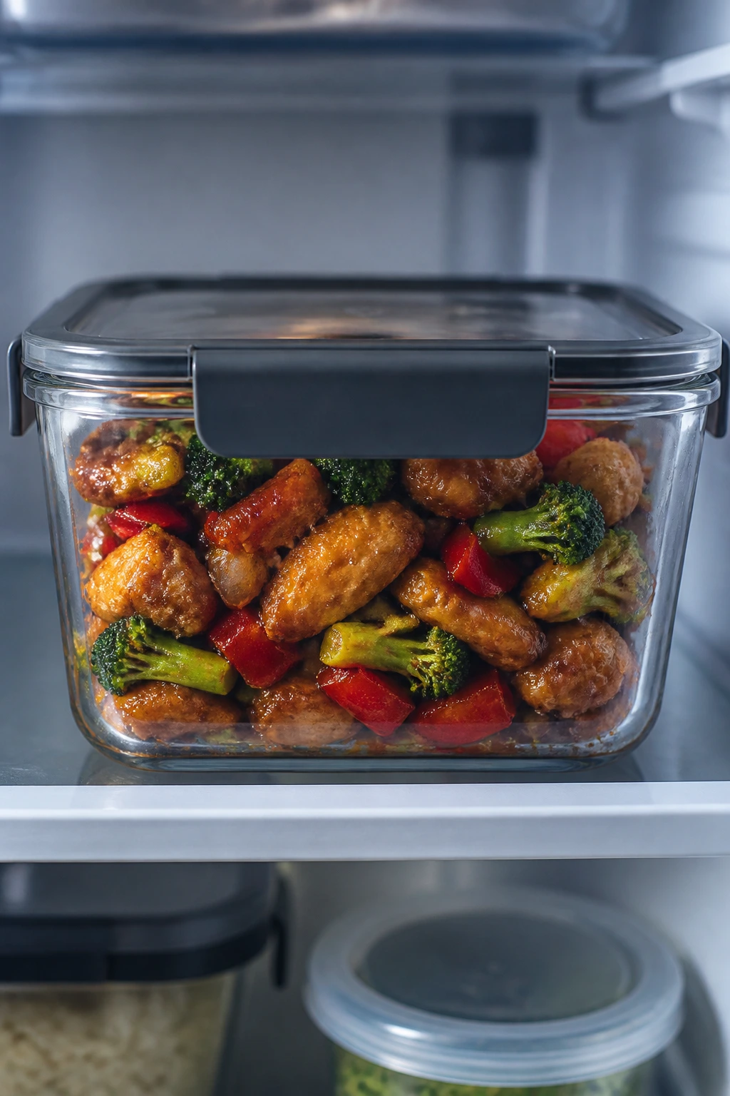 A glass airtight container with crispy chicken stir-fry in the fridge for storage.