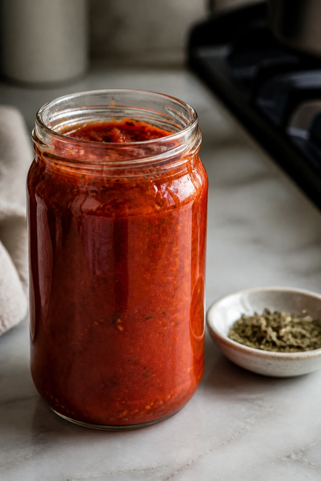 Glass jar of tomato sauce on counter with herbs