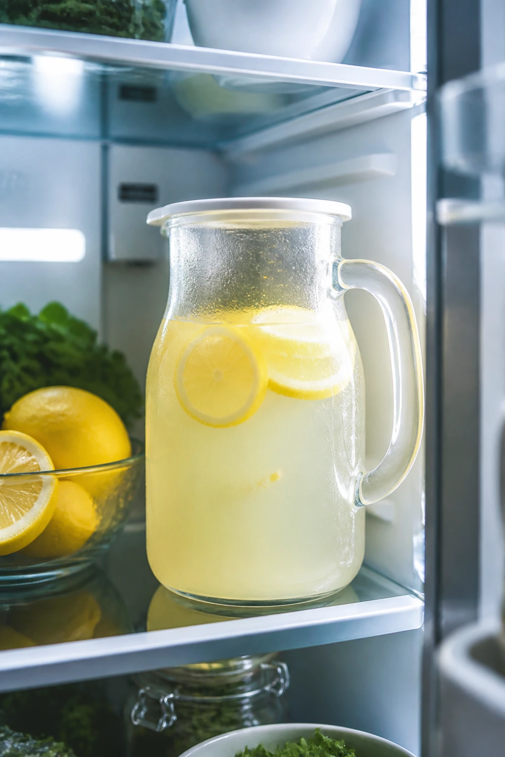 Pitcher of lemonade inside a modern fridge with condensation