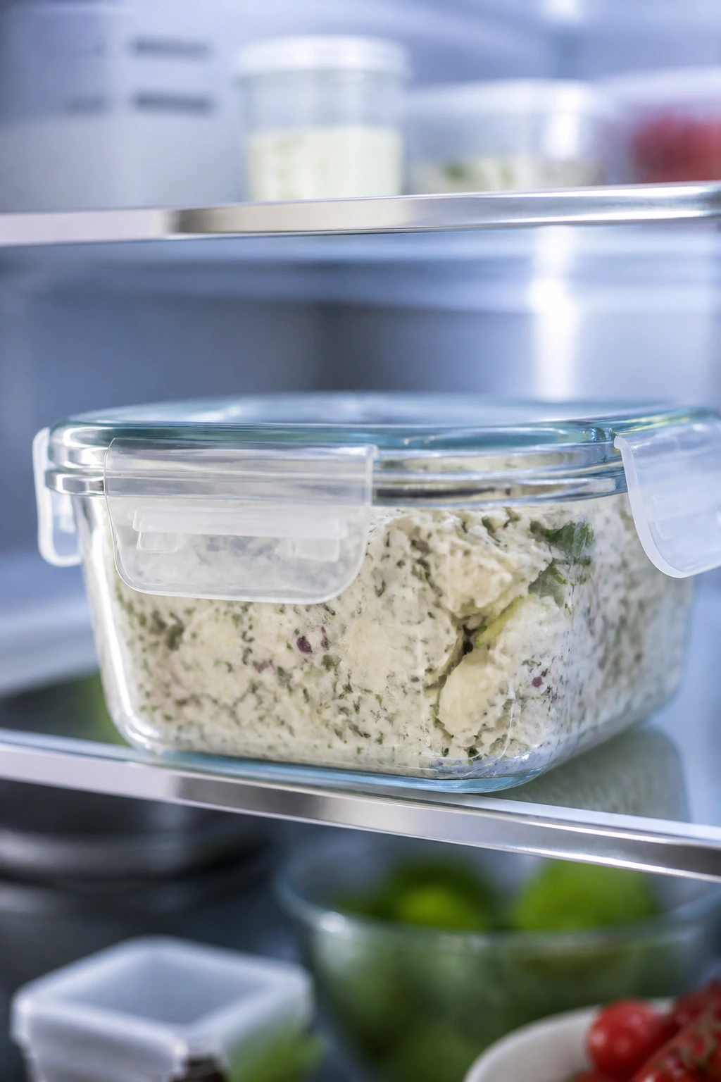 Glass container of chicken salad stored in fridge