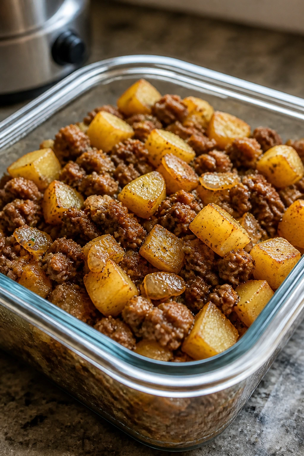 Glass storage container with beef and potatoes for make-ahead storage