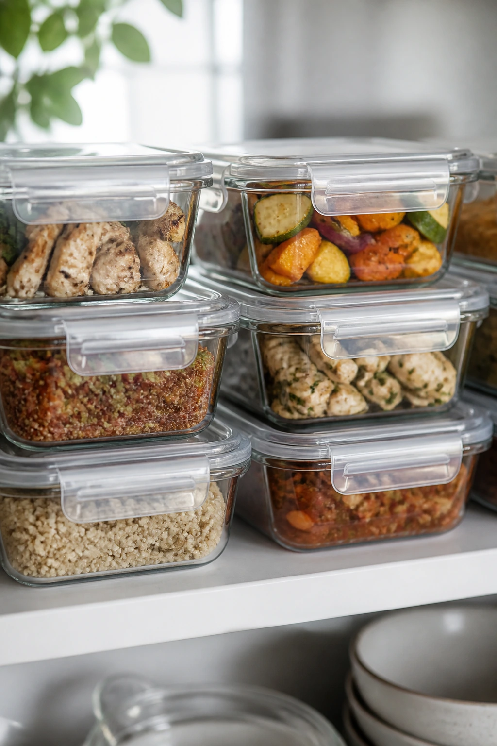 Glass containers with ready-to-store meals on a kitchen shelf.