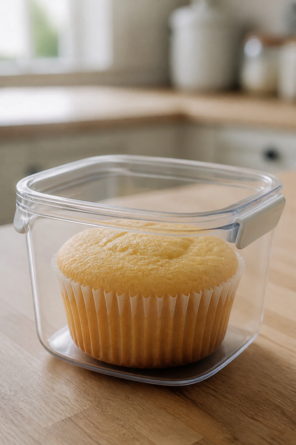 Unfrosted cupcake inside a clear airtight container on wooden counter