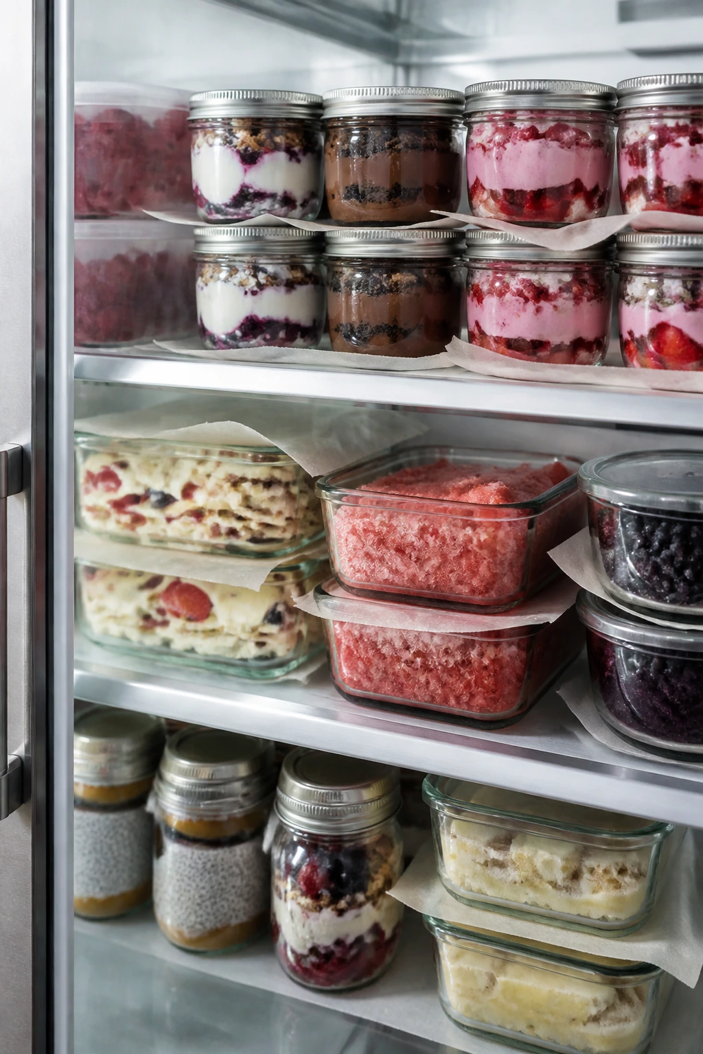 Stacked dessert jars in a refrigerator for make-ahead storage