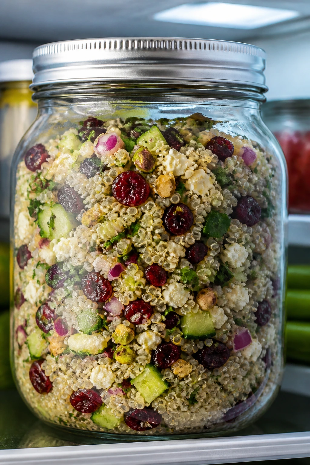 Quinoa cranberry salad stored in glass jar in kitchen