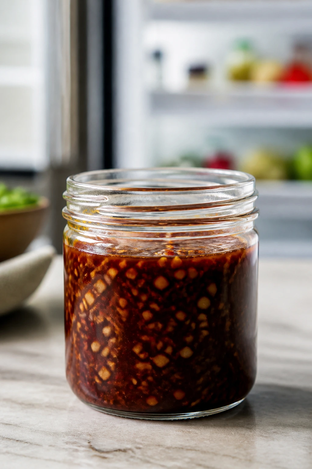 Glass jar of stir-fry sauce on kitchen counter