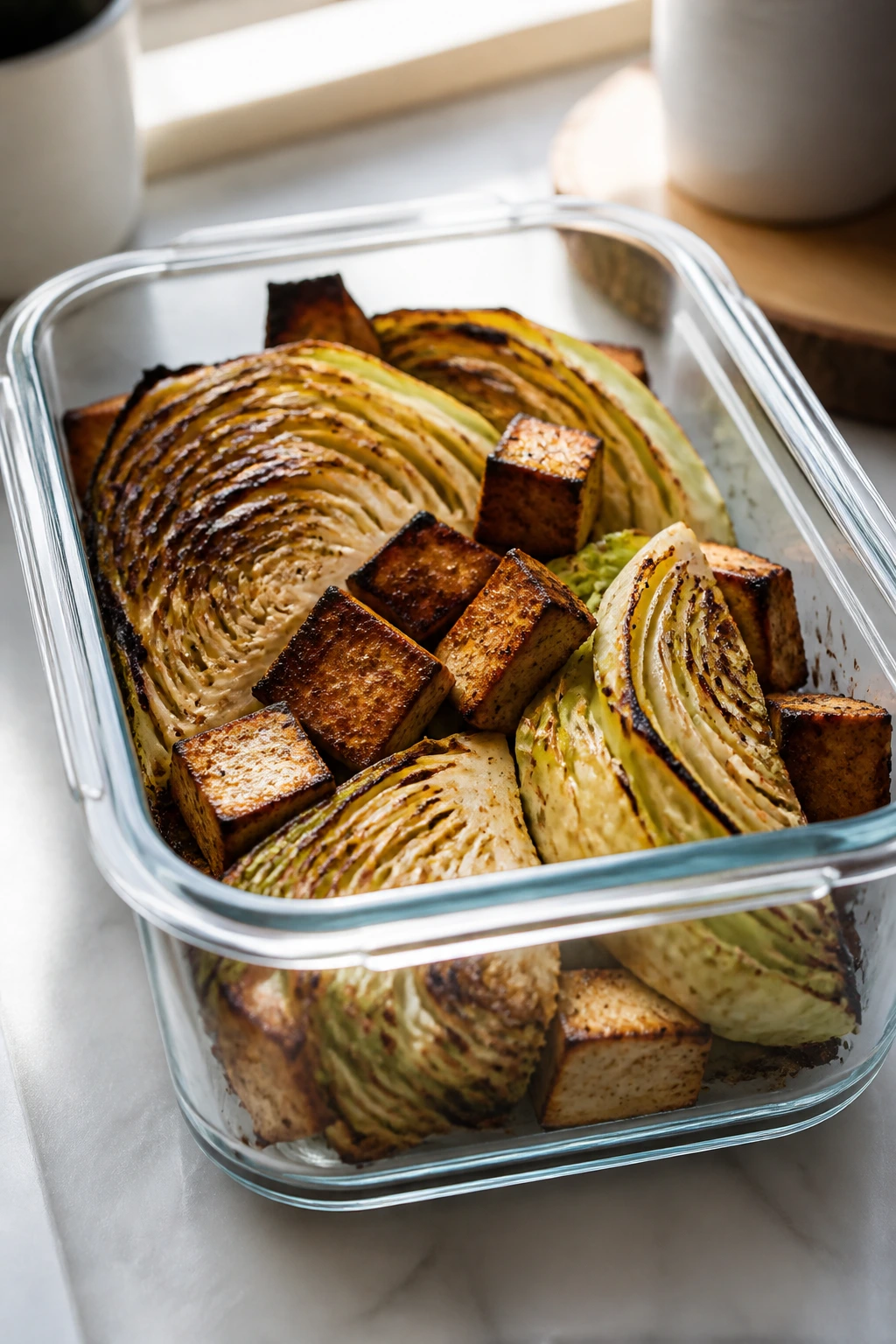 Glass container with smoked veggies showing make-ahead storage capability