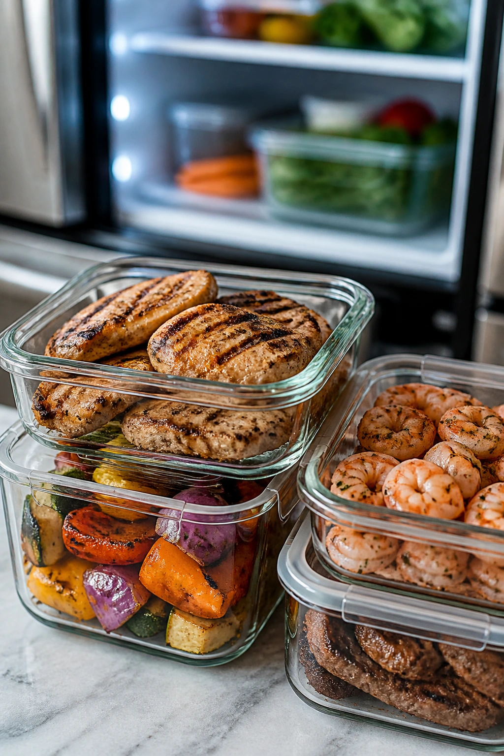 Glass containers with cooked meals for storage