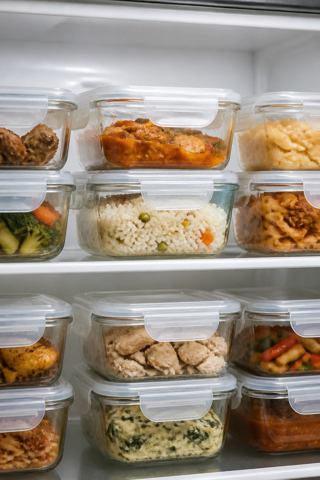 Row of airtight glass containers with leftovers in fridge