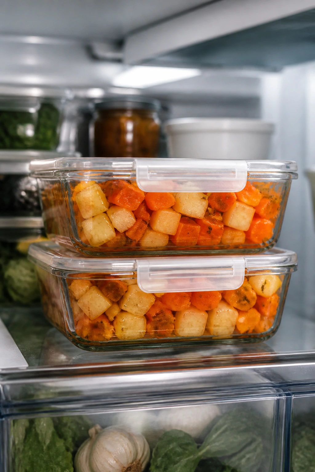 Glass storage containers with cut vegetables in the fridge