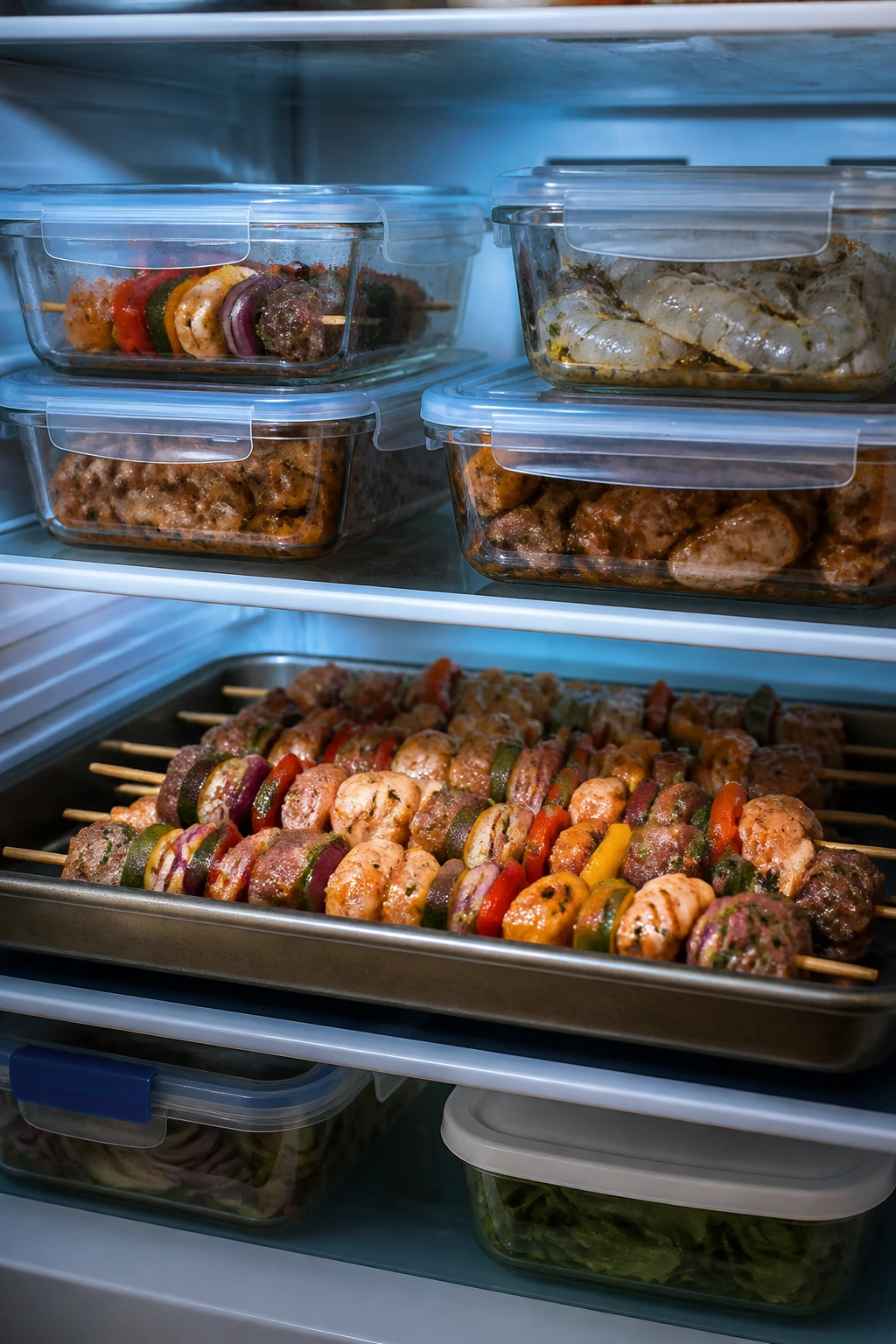 Refrigerator shelf with containers and marinated skewers ready for storage