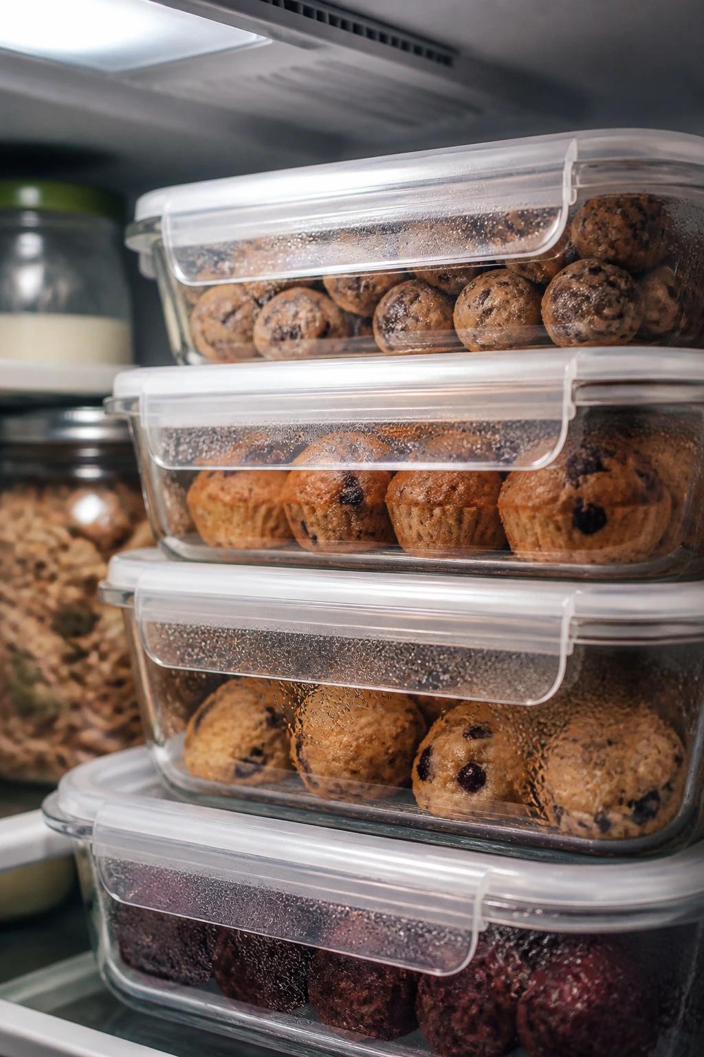Airtight containers with baked snacks on a fridge shelf