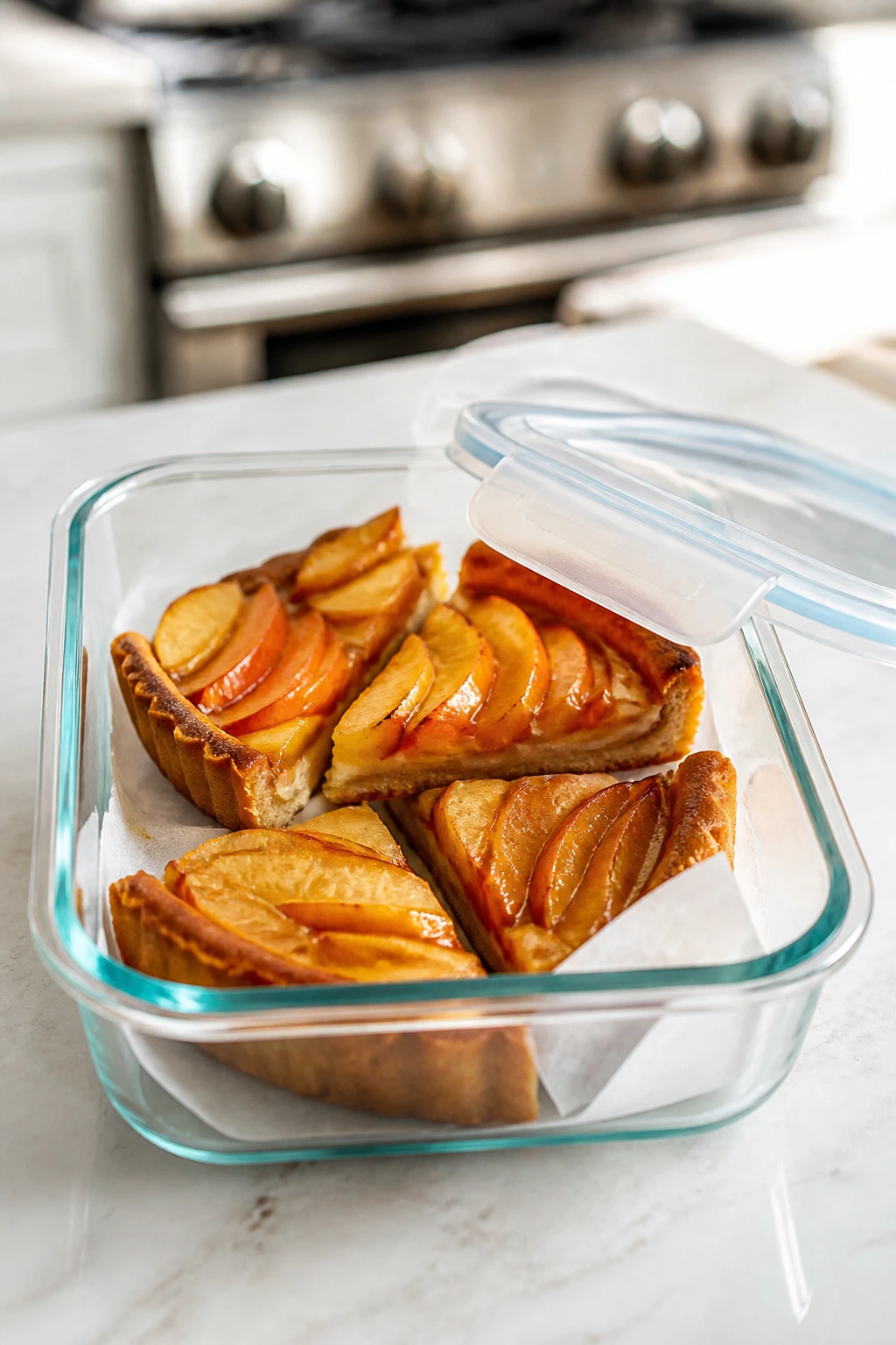 Glass storage container with tart slices on kitchen counter