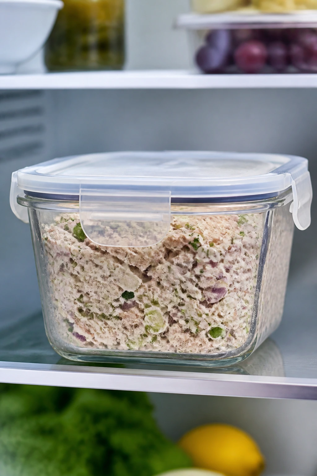 Tuna salad in a sealed glass container in the fridge