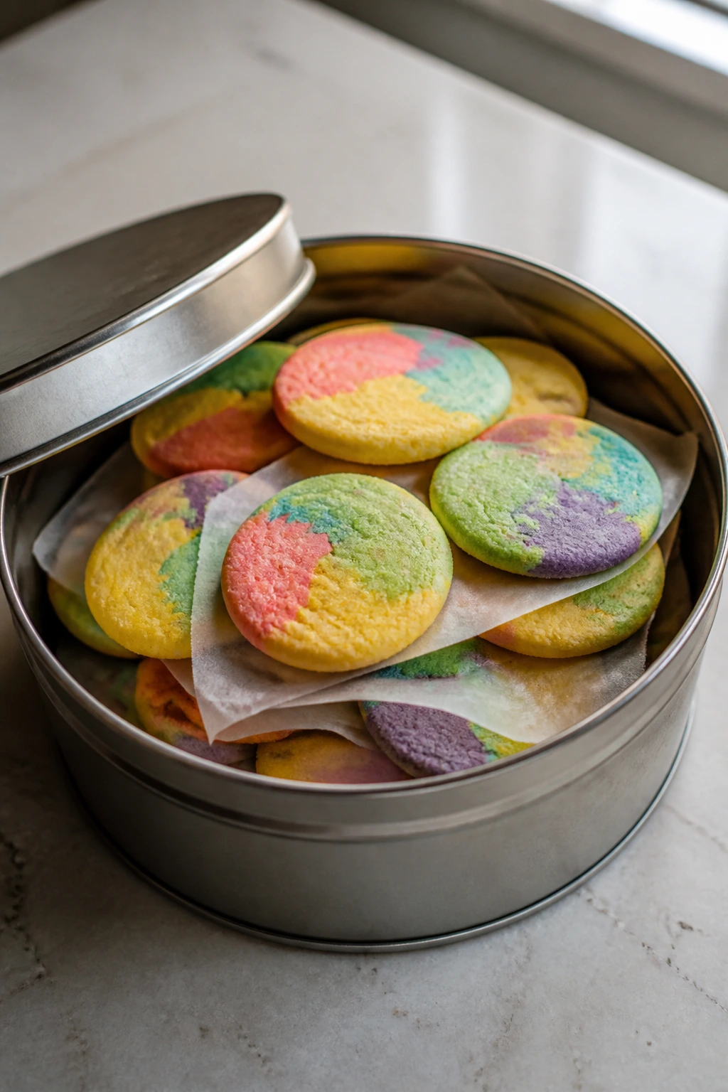Airtight tin with soft rainbow cookies and parchment layers